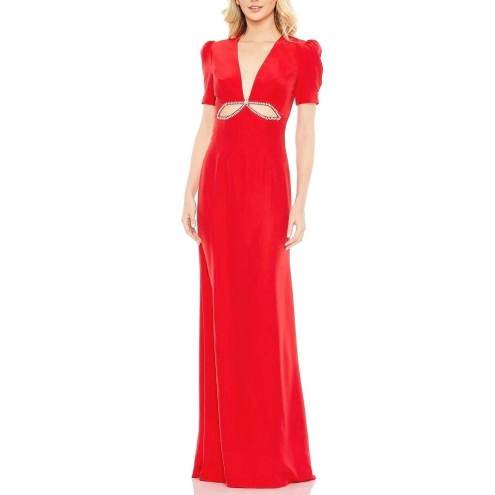 IEENA for Mac Duggal Red Crepe Embellished Cut-Out Gown Dress 2630 Size 8 NEW